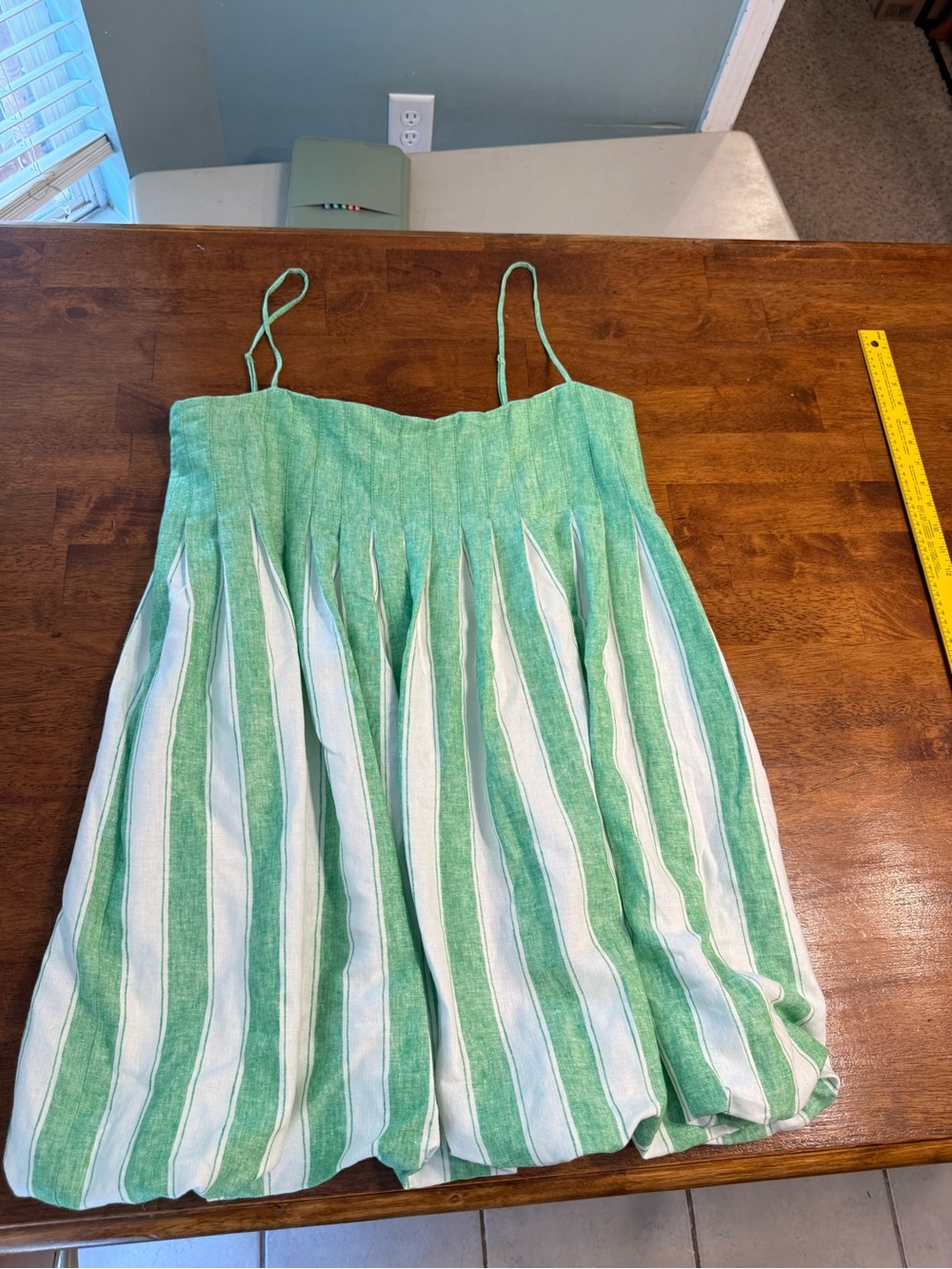SIMKHAI Kiki Striped Linen Blend Bubble Mini Dress Green White Parakeet 14